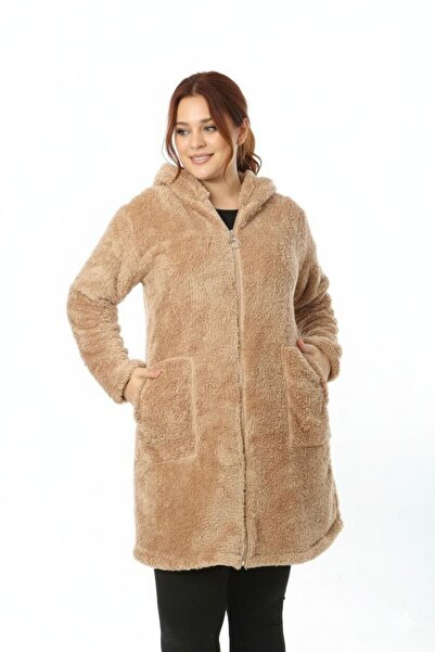 MARMARA FIRSAT Plus Size Zippered Women's Rose Dry Long Fleece Cardigan