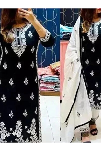 MYSMAR Black Rayon Cotton Kameez Salwar & Dupatta - PMM19250 | Black