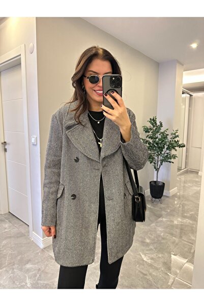 2she Houndstooth Lined Oversized Coat - Black