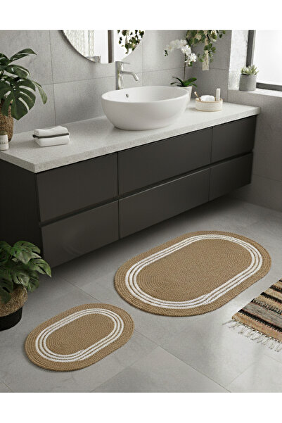 Comfort Craft طقم حمام من الجوت المخطط مكون من 4 قطع - سجادة أرضية بيضاوية ال...