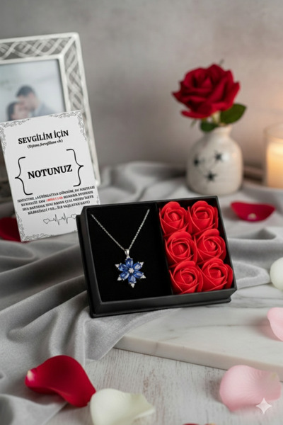 Birmem Kişiye Özel Notlu Çelik Mavi Lotus Çiçeği Kolye & Güllü Kutu Sevgiliye, Eşe, Anneye, Arkadaşa Hediye