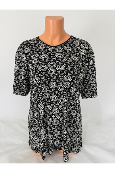 YAŞAR TRİKO Women's Black U-Neck Short Sleeve White Patterned Slit Woven Viscose Mother Combed Cotton T-Shirt