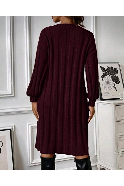 GNY TEXTİLE Crew Neck Long Sleeve Wide Corded Fabric Weaving Detailed Below Knee Knitwear Dress