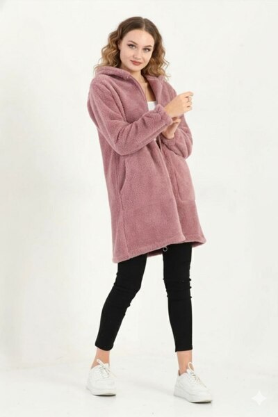 MARMARA FIRSAT Plus Size Zippered Women's Rose Dry Long Fleece Cardigan