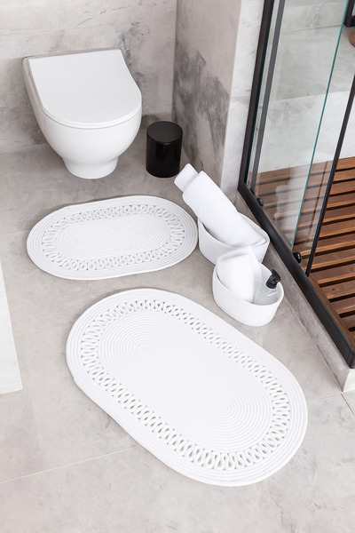 Comfort Craft طقم سجادة حمام من القش/الجوت الأبيض مكون من 4 قطع |   سلة بيضاوية، مجموعة ممسحة وديكور