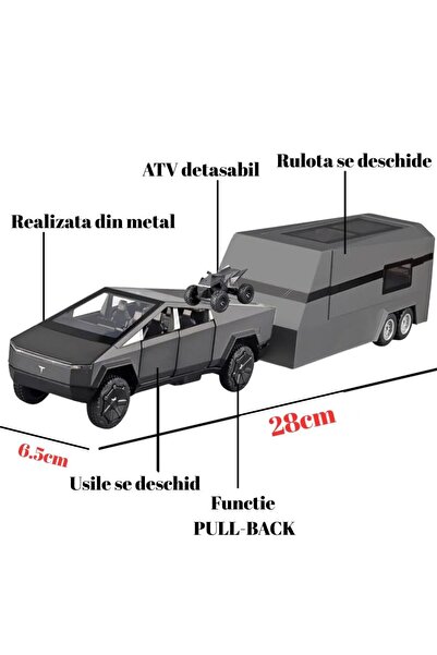 OEM Tesla Cybertruck Metal Car with Trailer, Detachable ATV, Lights and Sounds, Moving Doors, 28cm, Black