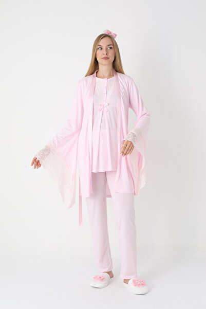 BLACKMORE Women's Pink Flywheel Sleeve Lace Special Design Cotton Dressing Gown 3-Piece Pajama Set