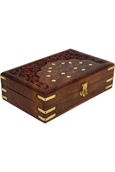Hope صندوق مجوهرات خشبي مصنوع يدويًا مع تطعيم نحاسي - 8×5