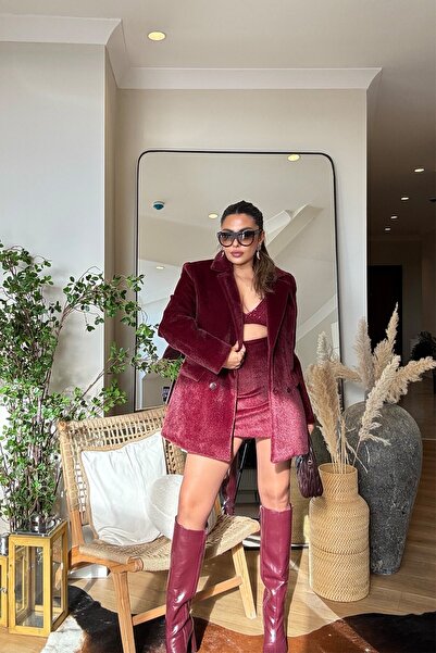 Sohotique By P Fur Effect Blazer Jacket Burgundy