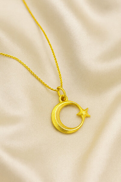 A-STİL TAKI Women's Gift Box Gold Crescent and Star Steel Necklace