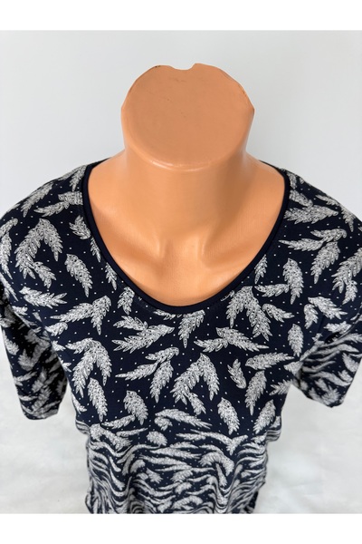 YAŞAR TRİKO Women's Black U-Neck Short Sleeve Floral Pattern Slit Woven Viscose Mother Combed Cotton T-Shirt