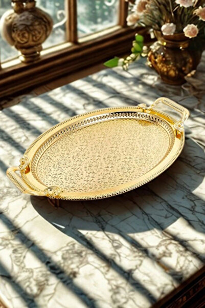 Ahinur Mutfak صينية تقديم فاخرة من الفولاذ المقاوم للصدأ موديل ذهبي بيضاوي ال...
