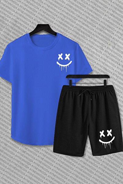 PERISENSE 2 Pieces X Smiling Face Shorts T-shirt Set Black Set NASASORTTSHIRT