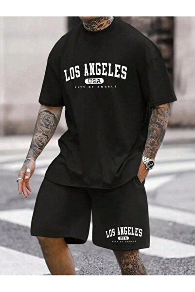 PERISENSE Los Angeles Black T-Shirt Black Shorts - Shorts T-Shirt Bottom Top Set Printed Crew Neck