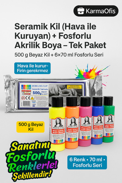 KarmaOfis Seramik Kil 500 g + Fosforlu Akrilik Boya Seti 6×70 ml – Hobi Model...
