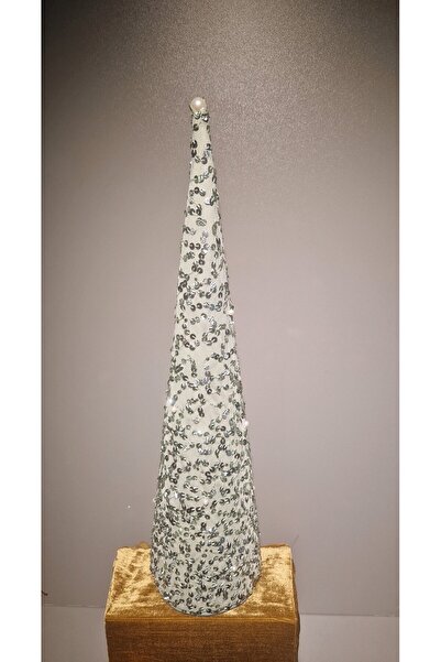 Handmade Decorative conical Christmas tree, varnished with silver sequins and pearls, 45X12 cm