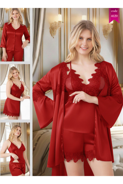 MİSS AYZA İÇTEN GELEN ŞIKLIK Pi̇erre Pari̇s Silk Satin 6-Piece Short Nightgown and Dressing Gown Dowery Set