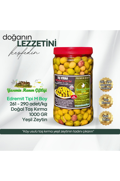 Jasmine's Farm Taş Kırma Yeşil Zeytin – Edremit Tipi M Boy – 1 Kg (261–290 ad...