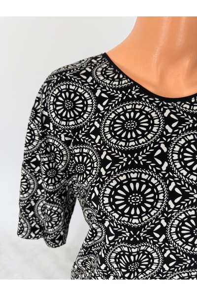 YAŞAR TRİKO Women's Black U-Neck Short Sleeve White Patterned Slit Woven Viscose Mother Combed Cotton T-Shirt