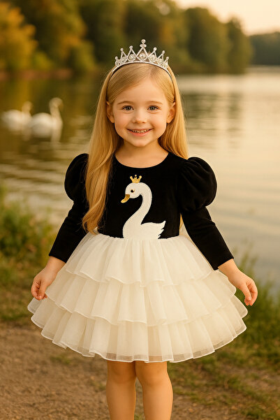 NA ADDESIGN Özel Tasarım Kuğu Prenses Kat Kat Tül Kabarık Kız Çocuk Elbise