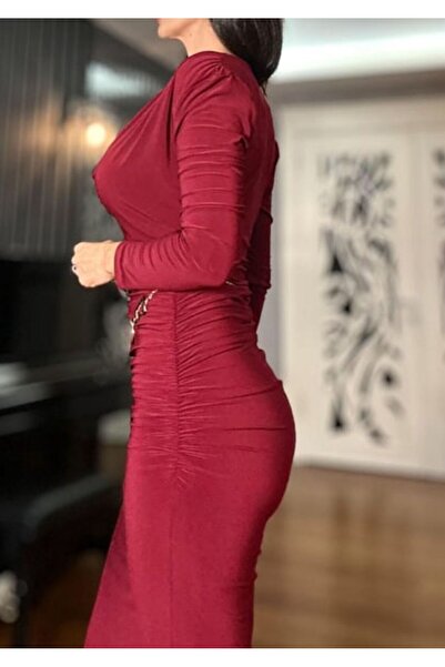 Look Kadıköy Women's Jolia Degaje Collar Ruched Detail Dress with Gold Chain Accessories