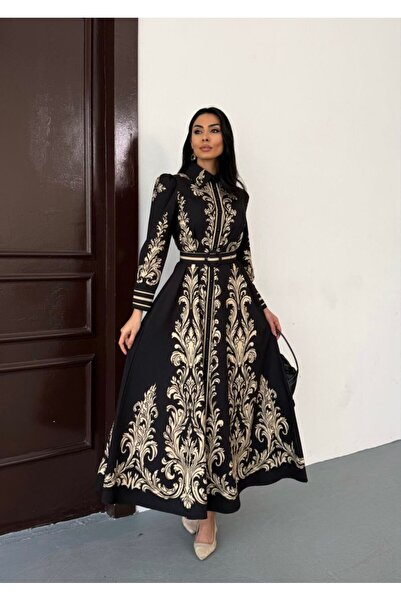 WellWay Atlas Fabric Floral Patterned Shirt Collar Button Detailed Black Dres...