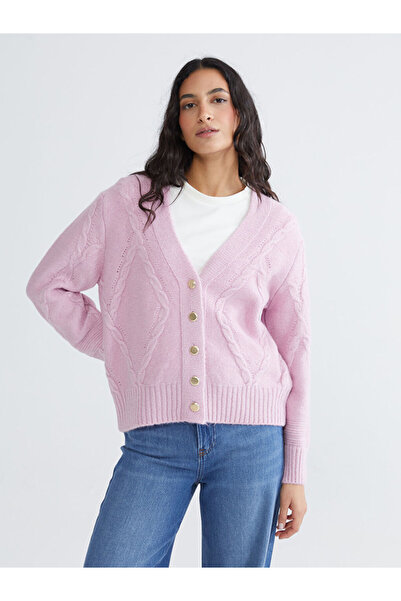 LC Waikiki Lcw Modest Pink V-Neck Self Patterned Women's Knitwear Cardigan