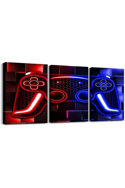 ALAYRA International Framed Gamer Canvas Wall Art Set of 3 – Red & Blue Neon ...