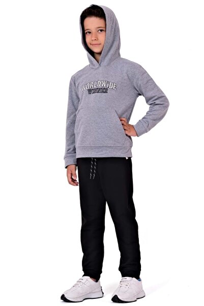 s.t. sebat tekstil Boys' Embroidered Kangaroo Pocket Hooded Sweatshirt Tracksuit Set