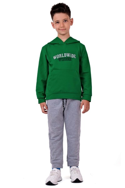 s.t. sebat tekstil Boys' Embroidered Kangaroo Pocket Hooded Sweatshirt Tracksuit Set