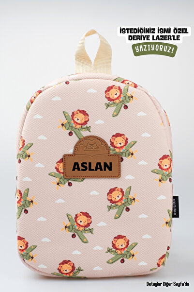 Minilee Sky Lion – Aslan Uçak Desenli Anaokulu Kreş Çocuk Çantası Kişiye Özel...