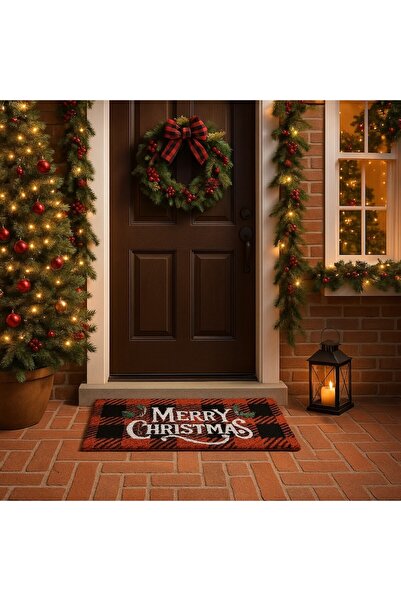 VENITIVO VINDEM CELOR INTELIGENTI VENITIVO® Christmas Door/Step Doormat, 60x25 cm, Black & Red Checkered, 'Merry Christmas'