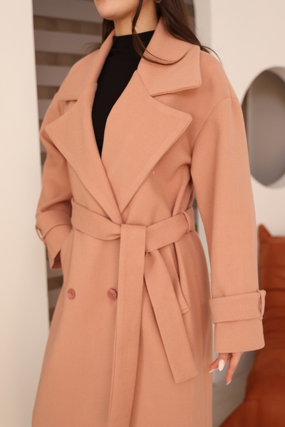 Leo Ferre Women's Pink Winter Cashmere Double-Breasted Collar Long Overcoat.