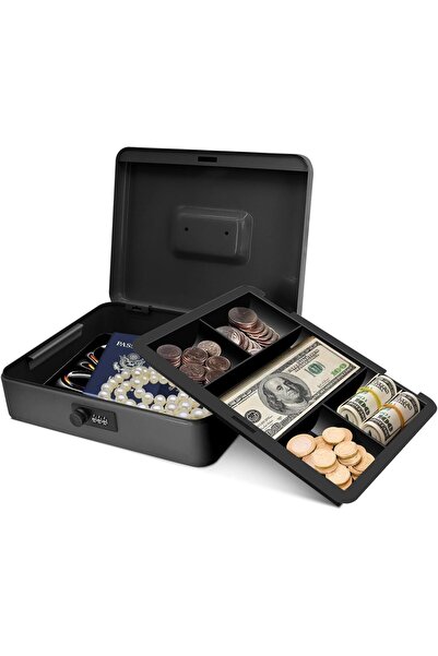 Flexzion صندوق نقود مزود بقفل مفاتيح ودرج عملات معدنية - خزنة فولاذية محمولة