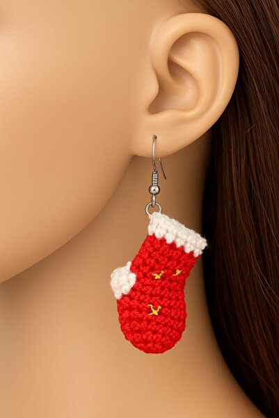 BAYÇAĞRI Red and White Sock Patterned Knitted Model Women's Earrings