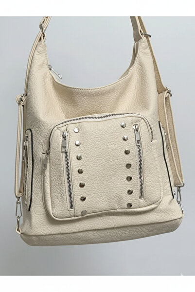 Çanta Trend Soft Faux Leather Cream Suitable for Hand Shoulder and Back Use Women's Bag 34*41 cm