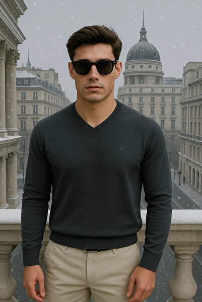 Maccali Men's Casual Premium Loose Long V-Neck Smoked Sweater