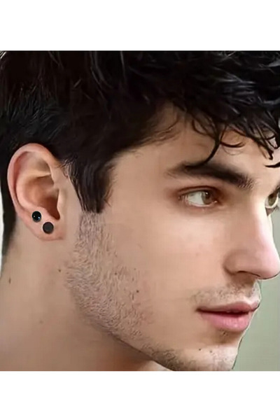 TREND Black Ball Earrings (5 mm - 1 Pair) & Black Flat Cylinder Earrings (6 mm - 1 Pair) - Men's Earring Set