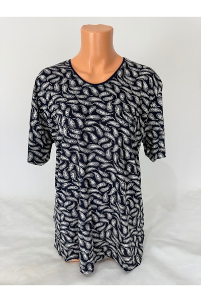 YAŞAR TRİKO Women's Black U-Neck Short Sleeve Patterned Slit Woven Viscose Mother Combed Cotton T-Shirt