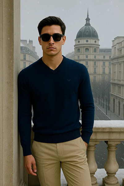 Maccali Men's Casual Premium Loose Long V-Neck Navy Blue Sweater