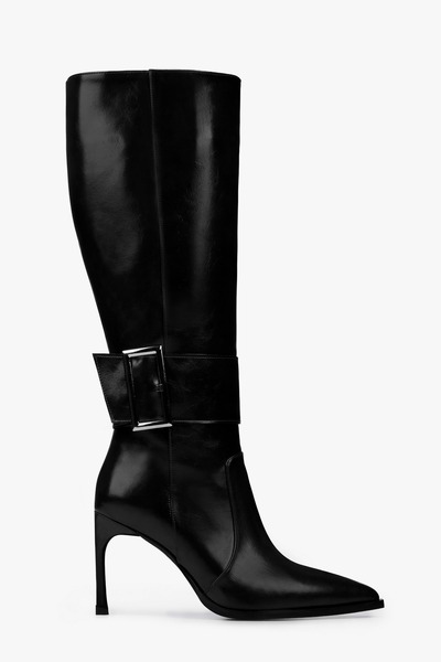 Shoeberry Women's Emma Black Leather Buckle Heeled Boots