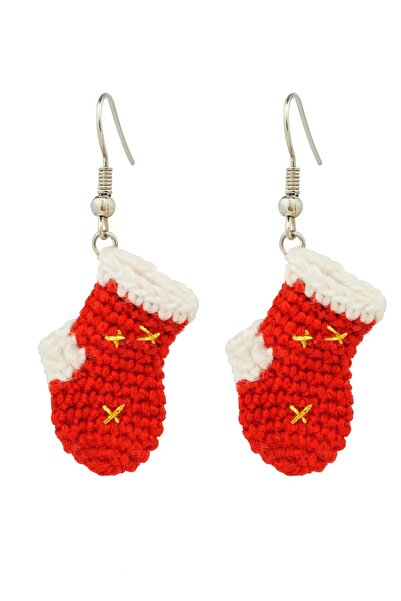 BAYÇAĞRI Red and White Sock Patterned Knitted Model Women's Earrings