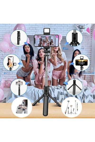 OEM Trepied Selfie Stick 4 in 1 cu Telecomanda Bluetooth, Pliabil de Buzunar, Anti-Alunecare, Universal