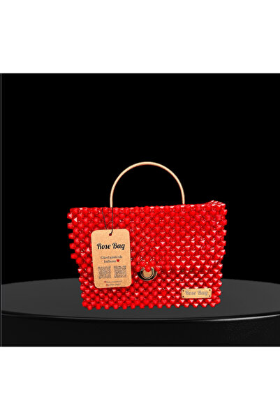 Rose Yılbaşı kombini Kırmızı boncuk çanta en 24 cm boy 14 cm