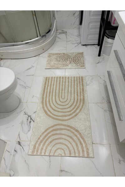 Etnik Dekor Beige Tone Modern Digital Printing Set of 2 Bath Mats