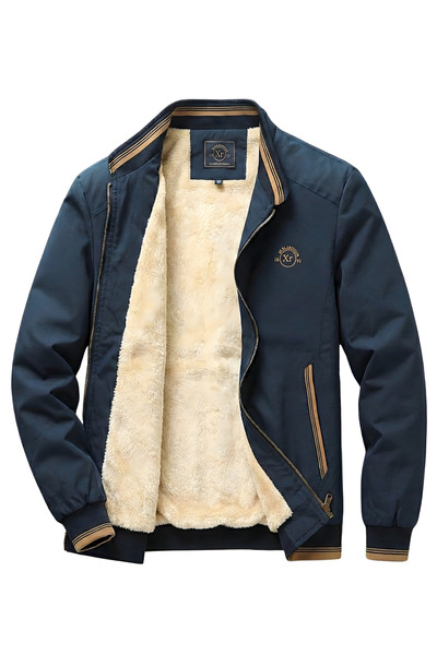ixir معطف وسترة رجالية M موسمي مع فرو من الداخل وتطريز شعار باللون الأزرق الداكن
