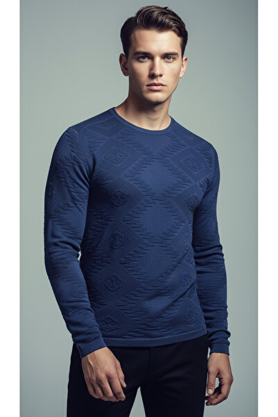 Digz fashion 100% Cotton Navy Blue Patterned Slim Fit Knitwear Sweater