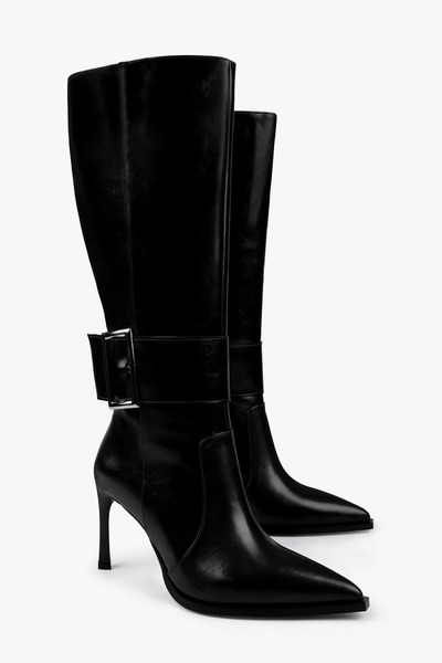 Shoeberry Women's Emma Black Leather Buckle Heeled Boots