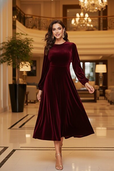 Mossta فستان مخملي أنيق متوسط الطول باللون الأحمر الداكن