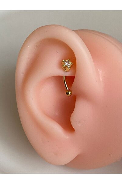 kurukafagift Çelik Yıldız Figürlü Kıkırdak Banana Rook Piercing Parlak Zirkon Taşlı 8 mm